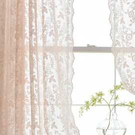 FINECITY Blush Lace Curtains 84 Inch Length - Rustic Country Floral Design Lace Curtain 2 Panels Set for Girls Bedroom, Privacy Scalloped Vintage Lace Window Curtains, 52 x 84 Inch, Blush Pink