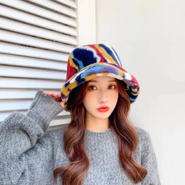 Faux Fur Furry Bucket Hat Fluffy Fuzzy Warm Hat Plush Fisherman Hat Winter Hats for Women Men Teens Girls Multicolor