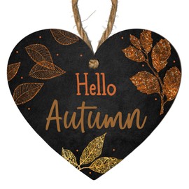 "Hello Autumn" Black MDF Hanging Heart Plaque - Stunning Autumn Leaf Design with Glitter Effect – Perfect Fall Décor for Home, Kitchen, Living Room or Gifts – Celebrate the Beauty of the Autumn Season
