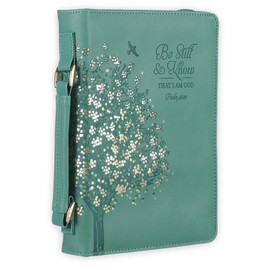 Christian Art Gifts Fashion Vegan Leather Bible Cover for Women: Be Still & Know Inspirational Bible Verse, Teal Floral, Medium