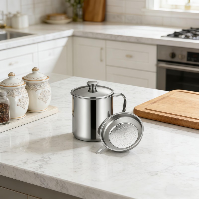 Oil Strainer Pot 34oz Stainless Steel, Bacon Grease Container Saver