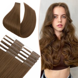 Benehair Tape in Hair Extensions Human Hair, Light Brown Remy Hair Extensions Straight Human Hair Tape in Extensions Invisible 10pcs 25g 16 inch
