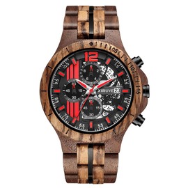XIRUVE Wooden Quartz Watch for Men Date Chronograph with Gift Box Natural Wood, red, Minimalist