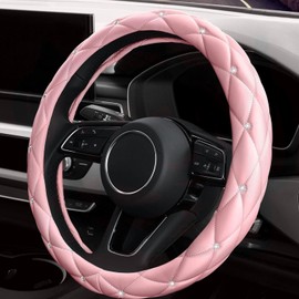 YIRANJIA Cute Pink Leather Steering Wheel Cover with Bling Rhinestones, Anti-Slip Universal 15" for Women - Fits Cars, SUVs, Trucks & Vans