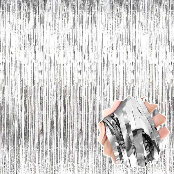 3 Pack Silver Foil Fringe Curtains Backdrop, 3.28 x 6.6
