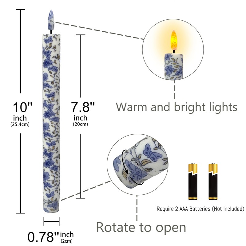 Chinoiserie LED Candles Flameless Candlesticks-6pcs Timer Blue Flower Battery Operated