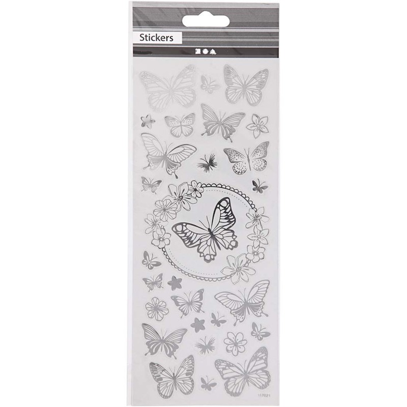 Stickers Butterflies, sheet 10x24 cm, approx. 28 pc, silver, butterflies,