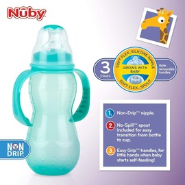 Nuby Non-Drip 3-Stage Bottle 11 Ounce, 2 Count, Orange/Turquoise