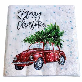 Mesafina 40-ct 13x13 Christams Car Tree Delivery Christmas Dinner Napkins | Decoupage Decorative Paper Winter Napkins, White, Red, Green, Black, inches
