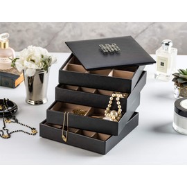 Glenor Co Earring Organizer Tray - 4 Stackable Trays with Lid -45 Slot Classic Jewelry Storage Display Case for Drawer or Dresser - Holder for Earring Ring Necklace or Cufflinks - Large Mirror - Black