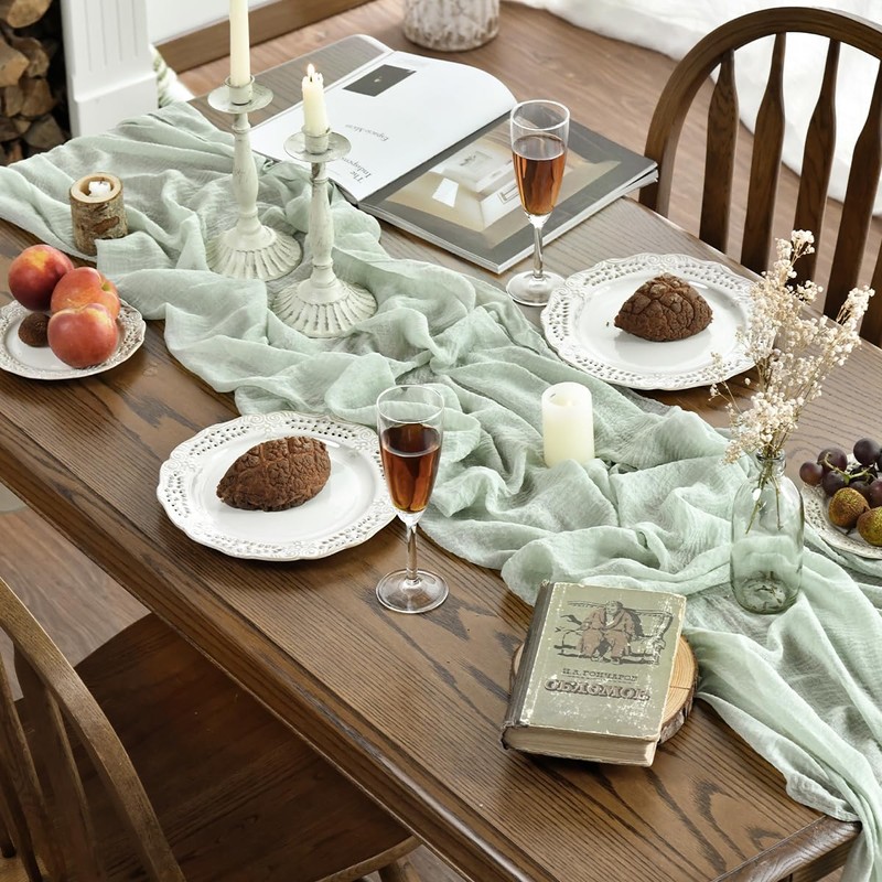 Artoid Mode Boho Sage Green Gauze Wedding Cheesecloth Table Runner,