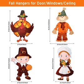 Quzzil 4 Pcs Thanksgiving Fall Harvest Decorations 18 in Turkey Scarecrow Wall Window Home Door Decoration Autumn Hanging Ornament Cutouts Thanksgiving Sign Jointed Figures Pilgrim Decor with Ribbon