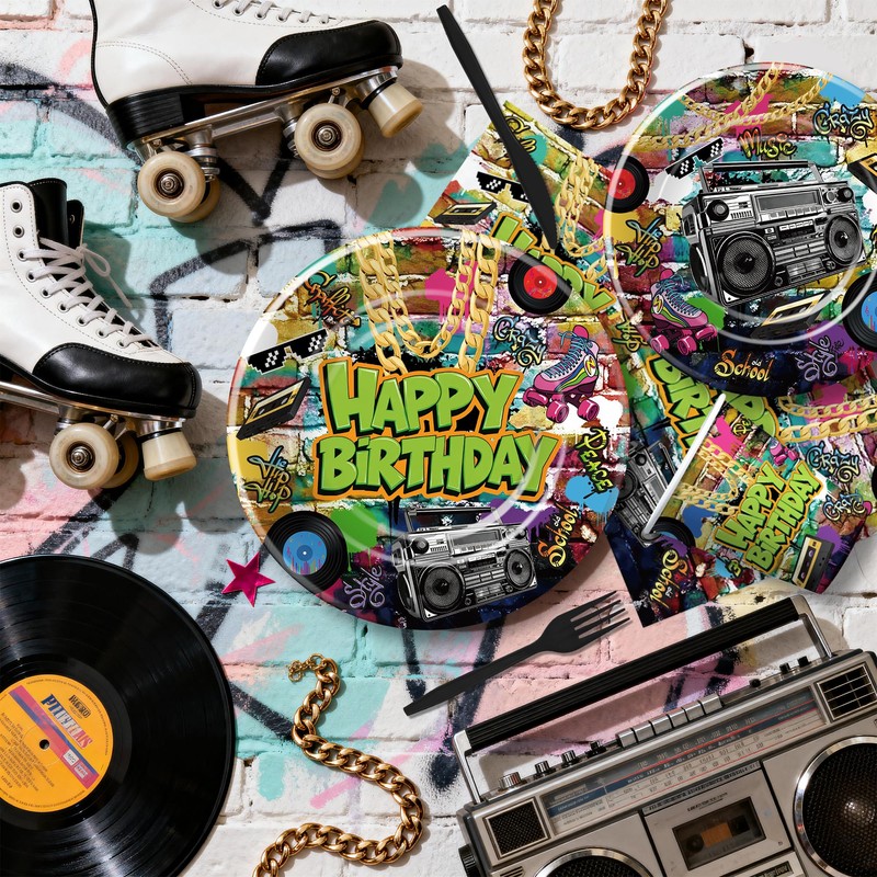 FVABO Graffiti Brick Wall Birthday Party Supplies for Retro 80s