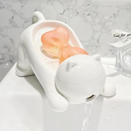 Self-Draining Ceramic Cat Soap Dish with Drainage Holes, Cute Soap Sponge Holder with Drain, Non-Slip Animal Shaped Tray for Bathroom Decor Sink,Shower,Bar,Kitchen,Counter jabonera para baño(1 Pack)