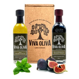 Viva Oliva Two 60ml (2oz) Variety Gift Set - Basil Infused Olive Oil and Black Mission Fig Dark Balsamic Vinegar - Premium Quality - 100% Natural