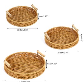 3 Pcs Round Rattan Serving Trays with Handles, Decorative Woven Wicker Baskets Storage Tray for Coffee Table Decor, Bread, Fruit, Snacks