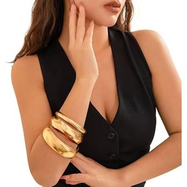 3PCS Chunky Gold Bangle Bracelets Trendy Wide Chunky Cuff Bracelets Hammered Wrist Cuff Wrap Bracelet for Women