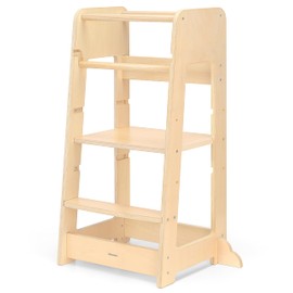Pillowhale Standing Tower for Toddlers- Adjustable Height with 360° Safety Rail, Kids Step Stool with Safety Rail, Wooden Step Stool, Age 18 Months-6years