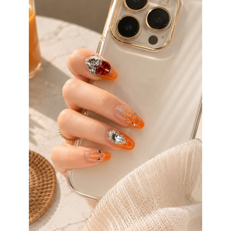 Coral Glitter Handmade Nail Tips - Almond S / 코랄
