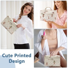 Gosect Large Makeup Bag, Cute Cosmetic Bag for Women Girls, Floral Coquette Aesthetic Toiletry Bag, Travel Make Up Organizer Bag (White-Bear)