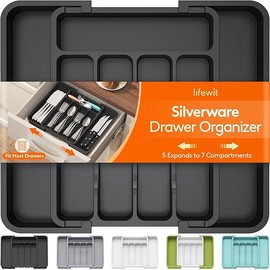 Lifewit Small Silverware Drawer Organizer, Expandable BPA Free Utensil Tray for Kitchen, Adjustable Flatware and Cutlery Holder for Spoons Forks Knives, Plastic Kitchen Organizers and Storage, Black