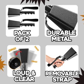 9" Metal Cowbells with Handle - (2 Pack) Cow Bells Loud Cheering Noise Makers for Sporting Events, Football Games, School Spirit, Rallies & Celebrations - Black Steel Percussion Music Instrument