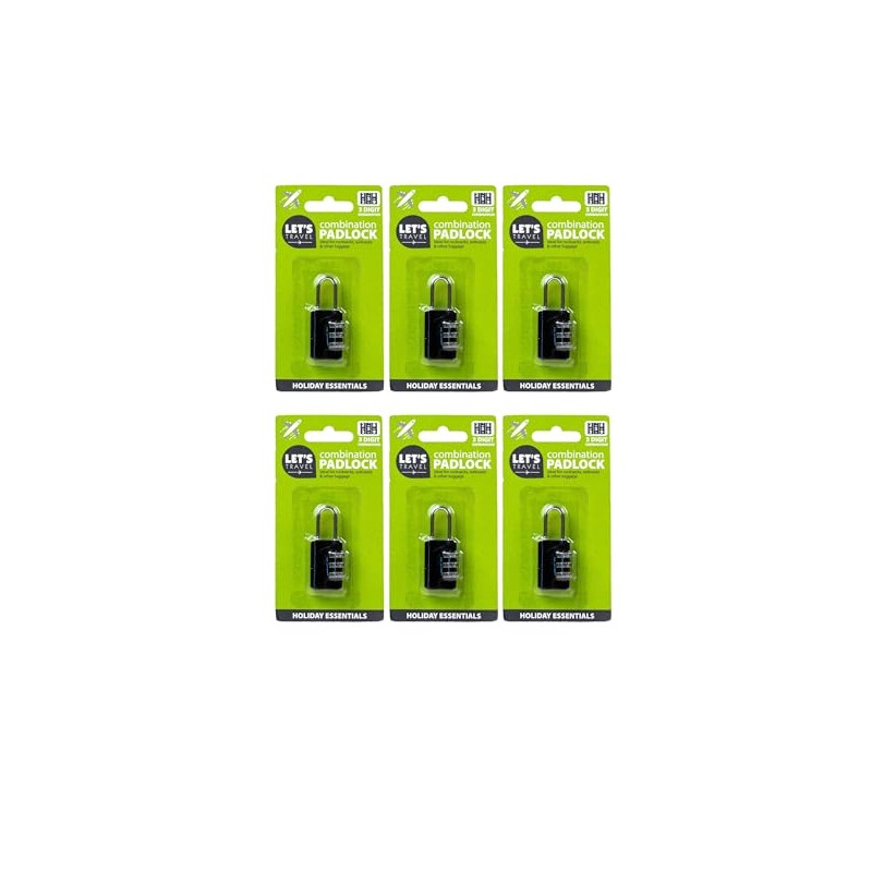 6-Pack Let's Travel 3-Digit Combination Padlock Set, Black, Holiday Essentials
