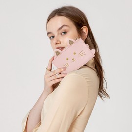 LJCZKA Cat Coin Purse for Women Cute Credit Card Holder Wallet Small Slim Zipper Pocket Leather Mini Pouch with ID Window, Pink, Cute