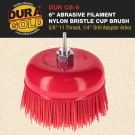 Dura-Gold 6" Abrasive Filament Nylon Bristle Cup Brush - 5/8" 11 Thread, 1/4" Hex Drill Shank Arbor, Coarse Grit Angle Grinder Brush for Truck Bed Liner Surface Prep, Sanding, Rust & Paint Removal