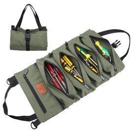 Wessleco Tool Roll Up Pouch - 16oz Canvas Multi-Purpose Wrench Roll Up Bag, Organizer with 5 Zipper Tool Pockets, Hanging Carrier (Green)