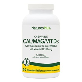 NaturesPlus Cal/Mag/VIT D3 con vitamina K2-60 tabletas masticables – Sabor a chocolate – Calcio, magnesio, vitamina D3 y K2 Suplemento de apoyo para la salud ósea – 30 porciones