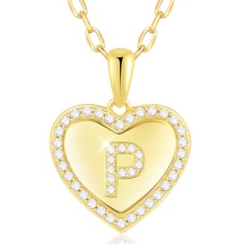 GETNEW Initial Necklaces for Women - 925 Sterling Silver Heart Necklace, 14k Gold Plated Love Heart Pendant with 26 Alphabet Letters for Women Men