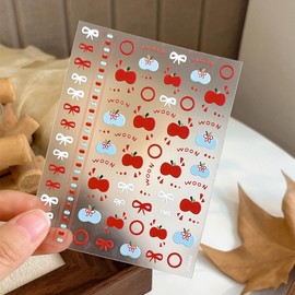 1 Sheet Blue Apple Nail Sticker, Red Embossed Apple Bow Nail Decals 5D Self-Adhesive Nail Design Supplies for Women Daily DIY Manicure Decoration Supplies