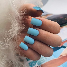 KQueenest Matte Baby Blue Press on Nails Short Medium Square Glue on Nails Set, Solid Color Fake Nails Short Coffin Acrylic Nails Press on Reusable Gel Nails for Women in 24 Pcs