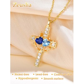 Birthstone Cross Necklace with Crown Sterling Silver Sapphire Topaz Jewelry September December Birthstone Pendant Cross and Crown Necklace for Women Anniversary Birthday Jewelry Gifts for Women