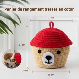 Hand Woven Cotton Rope Bear Basket - Home Storage, Decorative for Children's Bedroom and Living Room, Dedicated for Toys, Keys and Accessories, Red Lid, 17x15x17cm