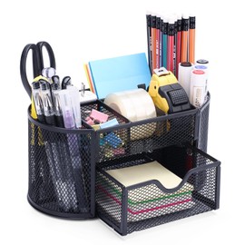 Schreibtisch Organizer, Mesh Metall Büro-Organizer mit Schublade und Stifthalter, 9 Sortierfächer für Stifte, Hefter, Ordnerklammern, Haftnotizen, Platzsparendes Desk Organizer