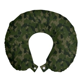 Ambesonne Camouflage Travel Pillow Neck Rest, Simplistic Design Woodland Camo Pattern in Green Tones, Memory Foam Traveling Accessory for Airplane and Car, 12", Evergreen Dark Sepia