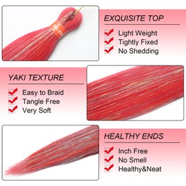 Sparkling Red Pre Stretched Braiding Hair 30 Inch Glitter Box Braid Hair Extensions Shinny 3 Packs Yaki Texture Pre Feathered Festival Braids Hair