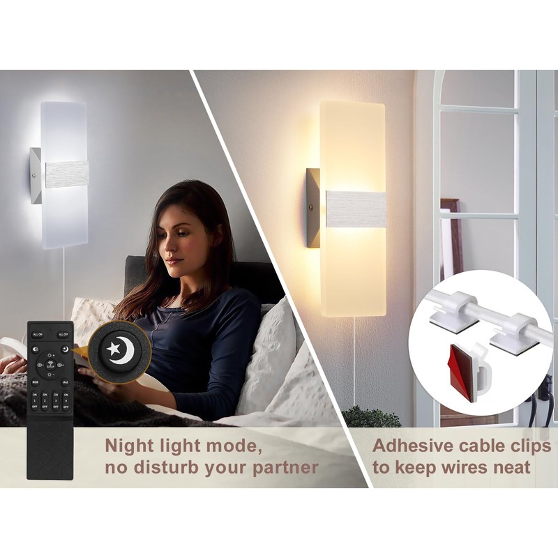 Plug in Wall Sconces with Remote, 3000K-6500K Stepless Color Temperature,