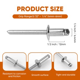 ALLCLEAN 50 Pcs 1/4" x 1/2" Stainless Steel Blind Pro Rivets,6.4 x 12mm Pop Rivets,Stainless Steel Grip and Stainless Steel Mandrel