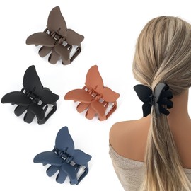 Large Butterfly Hair Claw Clips Octopus Claw Clips for Long Thick Thin Wavy Curly Hair, Strong Hold Non-Slip Grip Hair Accessories for Women 4 PCS（Black,Navy Blue,brown,Orange）