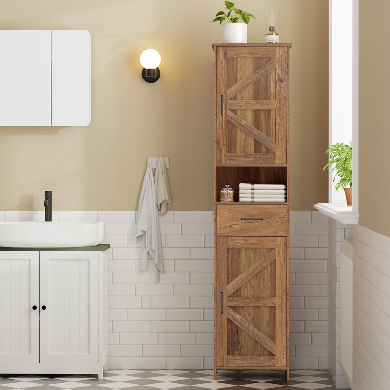 Homhedy 67" H Tall Bathroom Storage Cabinet with Barn Doors