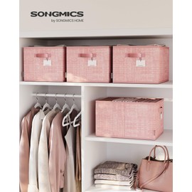 SONGMICS Storage Baskets, Set of 3 Fabric Storage Bins, 15.7 x 11.8 x 9.5 Inches, Foldable Closet Organizer for Shelves, 2 Handles, Label Holders, for Bedroom, Living Room, Jelly Pink UROB440R01