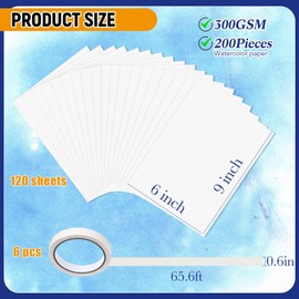 MotiMind 120 Sheet Thick Watercolor Paper Cotton Bulk White 140lb/300g Cold Press Painting Drawing Paper and 6 Pack White Artist Masking Tapes for Watercolorists Beginning Crafts Artists(6" X 9")
