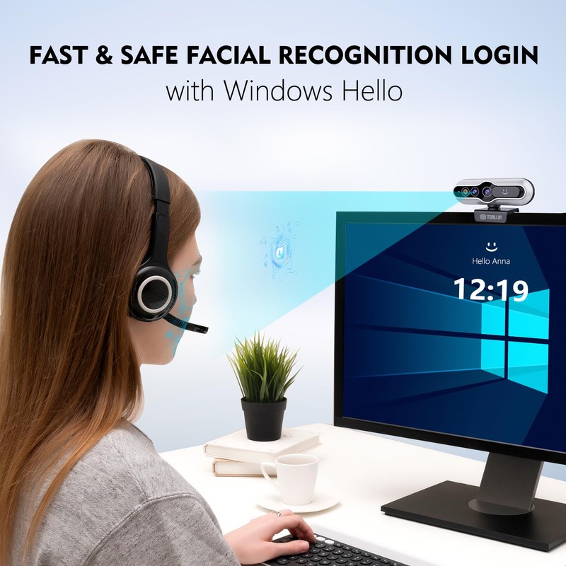 TOALLIN 2K QHD Webcam with Windows Hello, Face Recognition Webcam,