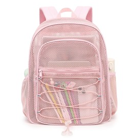 Xunteny Mesh School Backpack for Girls Boys, Heavy Duty Kids Adults Mesh School Bag Bookbag for Swimming Beach Fitness Sport (Light Pink)
