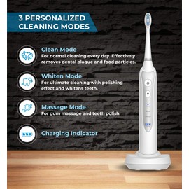 Sonic Electric Toothbrush for Adults with 5 Toothbrush Replacement Heads, 3 Brushing Modes & 2 Minutes Built-in Timer, Travel Toothbrushes with Inductive Charging, Rechargeable toothbrush | White