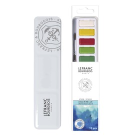 Lefranc & Bourgeois 301444 Watercolour Set with 12 Strong Studio Watercolour Paints, High-Quality Watercolours with Excellent Light Fastness, Transparency, Brilliance - 12 Colours, 1 Round Brush No. 8