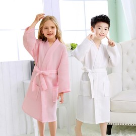 QYFHJGFR Children's Girls Kimono Collar Thin Waffle Pique Bathrobe Lightweight Quick Drying Children's Bathrobe for Boys 6-15 Years, lightblue